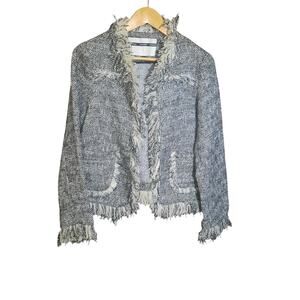 Topshop Womens Black & Cream Frayed Edge Shaggy Tweed Long Sleeve Blazer Size 8